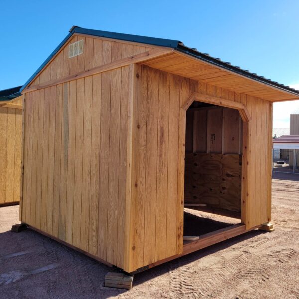 10x12 Loafing Style Storage shed on blocks. Large open entrance, wooden walls, metal roof.