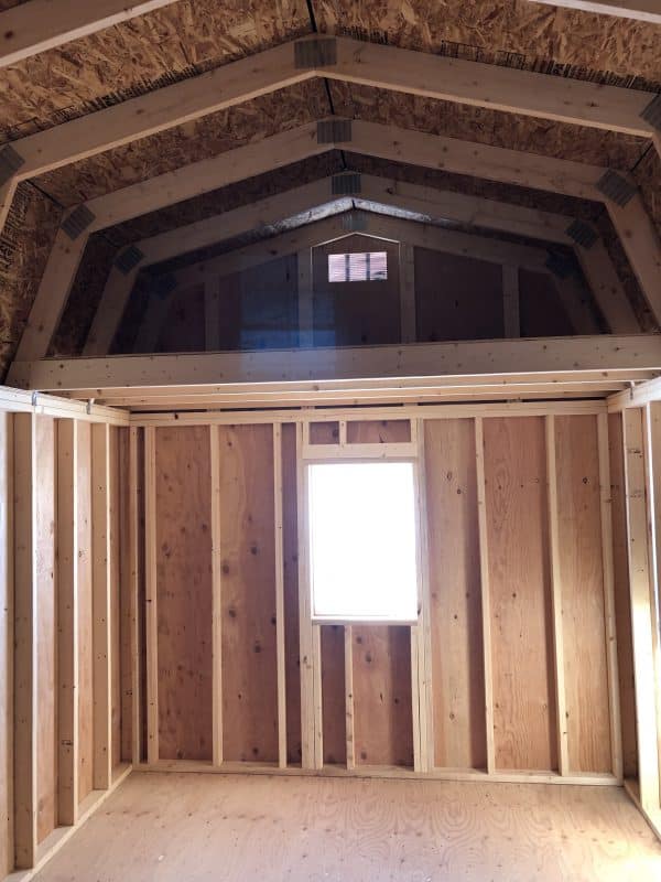 Inside of a barn style storage shed.