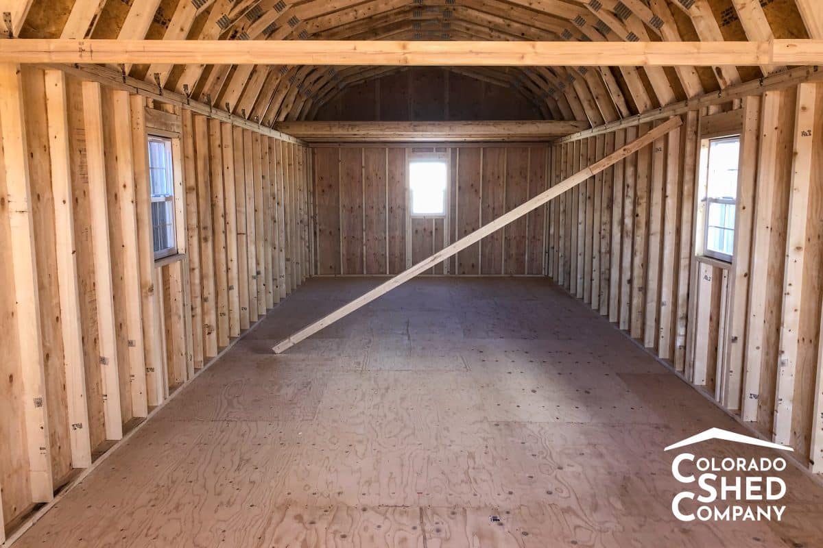 The inside of a 14x36 Barn Style storage shed, showing the extensive size.