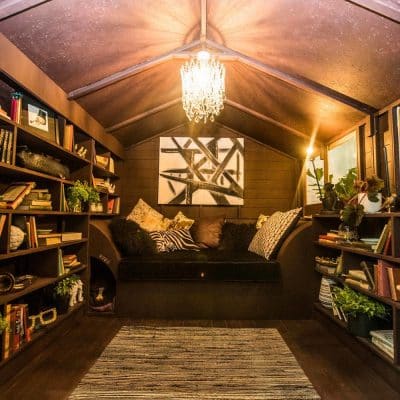 A unique use for a storage shed as a reading lounge.