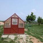 Front view of 8x12 Greenhouse in Canon City, CO wood frame metal exterior with plastic on the upper walls and ceiling to let in the light.