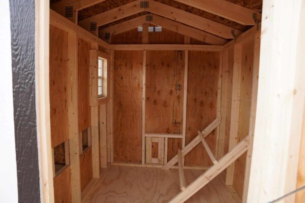 Chicken Coop 6x8 perfect for raising chickens, viewed from the inside, facing away from the door.