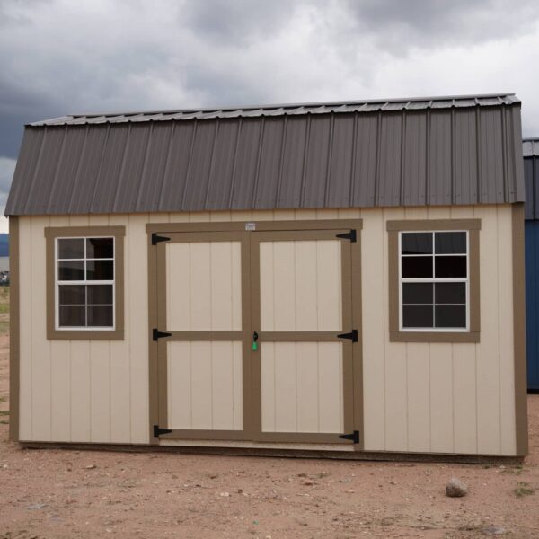10x16 Barn Style storage shed with double doors and two windows viewed from the front.