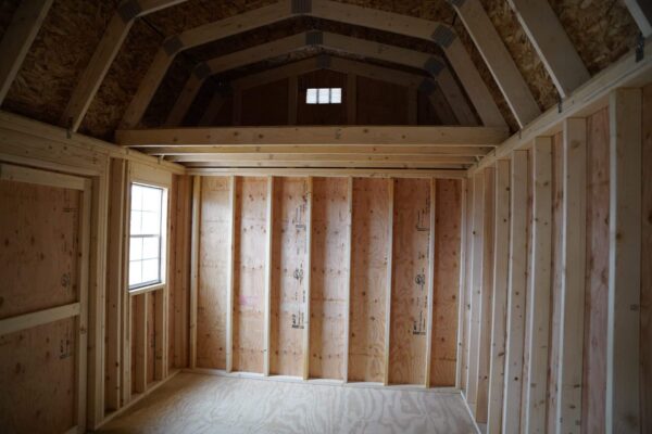 Interior view of the 10x16 Barn Style storage shed showing a loft for additional storage space.