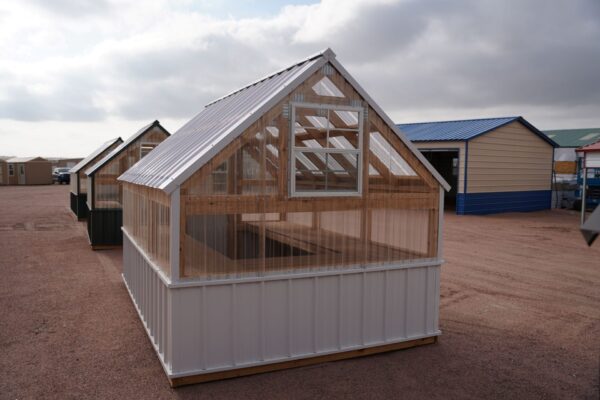 Back view of an 8x12 Green House with wood frame, metal siding and roof, and plastic covering on the upper walls.