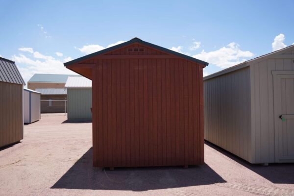 Tackroom Style 8x12 storage shed with wood siding viewed from the right side.