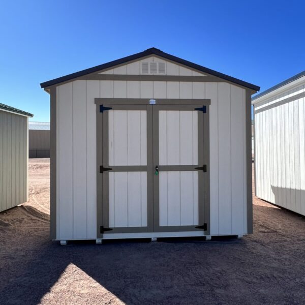 Front view highlighting the double doors of this 10x16 Gable Style storage shed, providing easy access and versatility. A perfect solution for convenient storage.