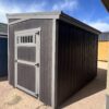 A view from the right corner of the 8x12 Urban Style storage shed, showing the back as well.