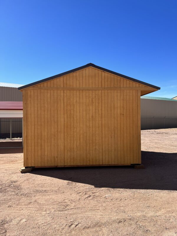 12x12 Loafing shed featuring a charming golden brown color, as seen from the side.