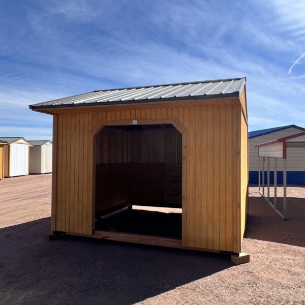 Capture the front view of our 12x12 Loafing shed, featuring a spacious opening without doors, designed for effortless accessibility. The absence of doors creates a wide and inviting entrance, allowing for easy entry and convenient storage of your items.