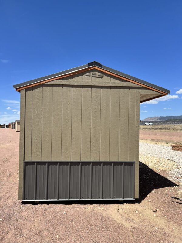 8x12 Tackroom Style storage shed, viewed from the left side.