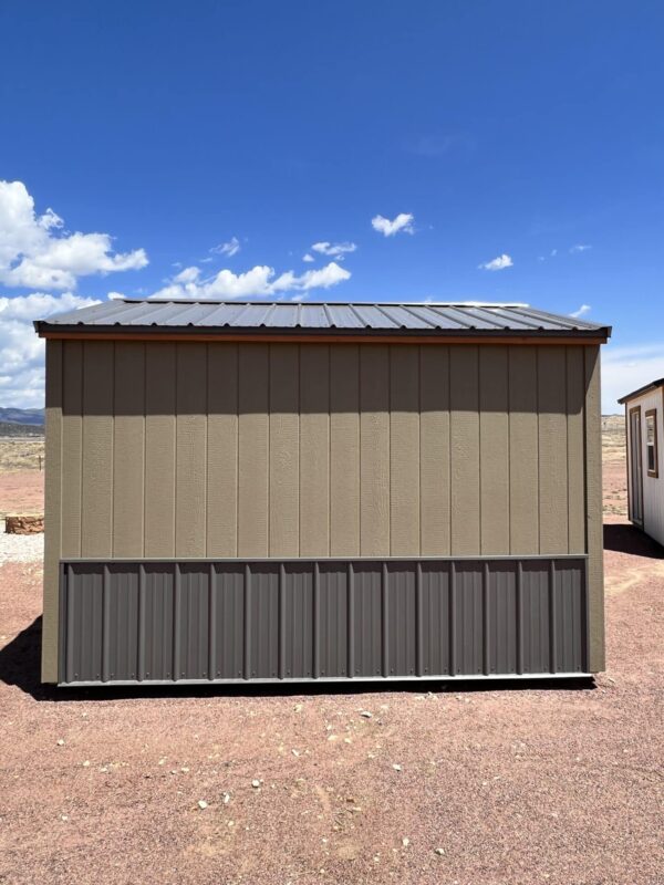 8x12 Tackroom Style storage shed, viewed from the back.