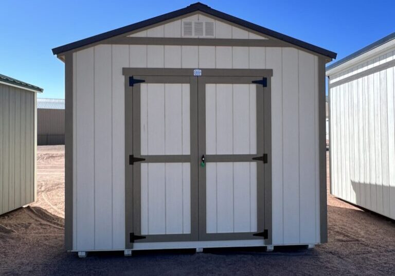 Front view highlighting the double doors of this 10x16 Gable Style storage shed, providing easy access and versatility. A perfect solution for convenient storage.