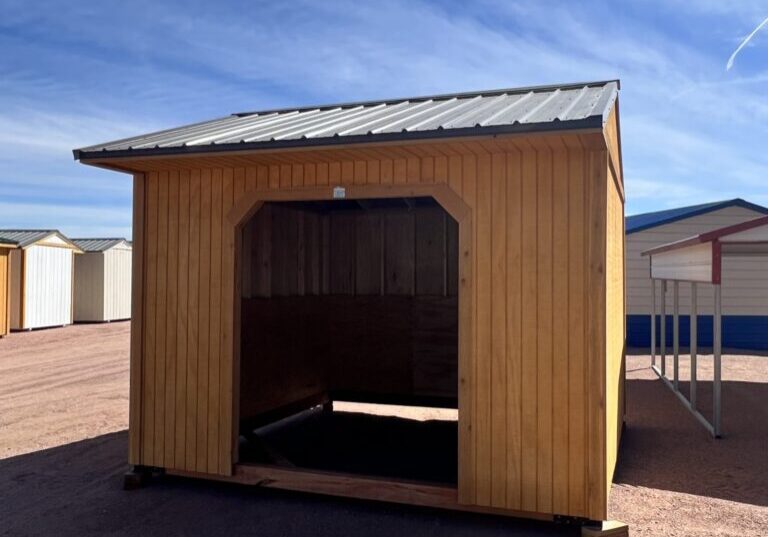 Capture the front view of our 12x12 Loafing shed, featuring a spacious opening without doors, designed for effortless accessibility. The absence of doors creates a wide and inviting entrance, allowing for easy entry and convenient storage of your items.