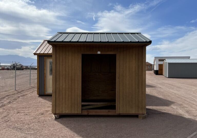 Experience the spacious design of our 8x10 Loafing storage shed as you view it from the front, highlighting the open front space that provides easy access and flexibility for your storage needs. This unique feature allows for convenient loading and unloading, making organization a breeze.